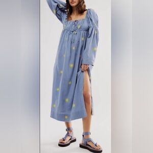 Free People Blue Long Sleeve Midi Dress with Yellow Dot Print